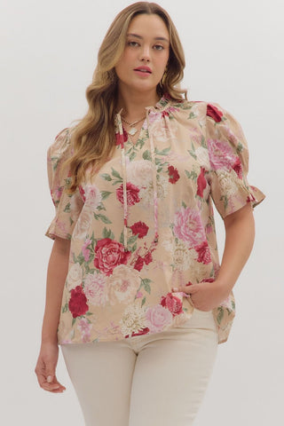 ENTRO Floral Smocked Band V Neck Top In Sand PLUS Sizes *COMING SOON*