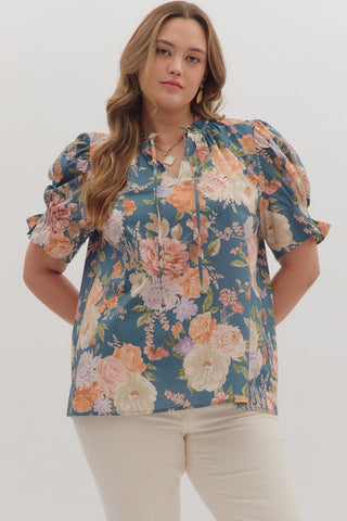 ENTRO Floral Smocked Band V Neck Top In Slate PLUS Sizes *COMING SOON*