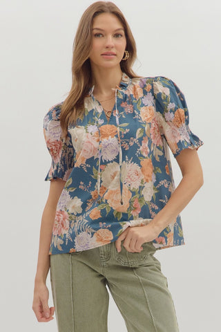 ENTRO Floral Smocked Sleeve V Neck Top In Slate