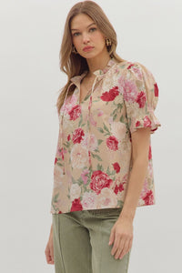 ENTRO Floral Smocked Sleeve V Neck Top In Sand