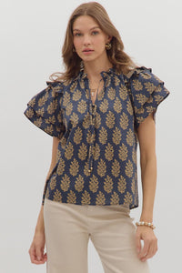 Entro Botanical Pattern Tiered Sleeve Top In Midnight  *COMING SOON*