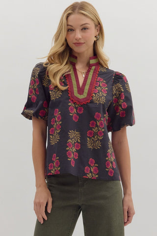 ENTRO Floral Bubble Sleeve Top In Black *COMING SOON*