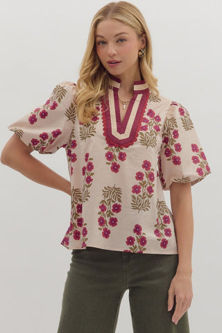 ENTRO Floral Bubble Sleeve Top In Ecru
