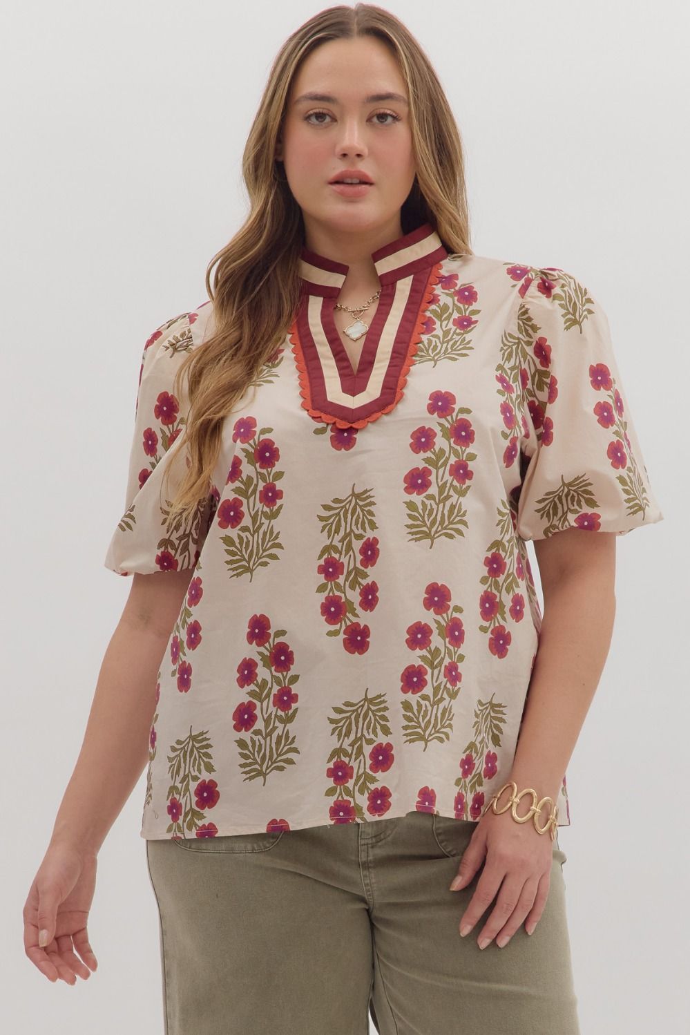 ENTRO Floral Bubble Sleeve Top In Ecru PLUS Sizes *COMING SOON*