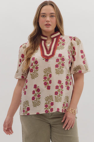 ENTRO Floral Bubble Sleeve Top In Ecru PLUS Sizes *COMING SOON*