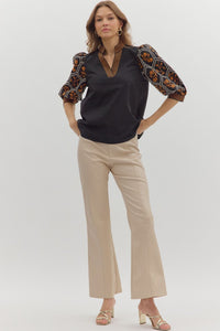 ENTRO Floral Embroidered Sleeve Top In Black