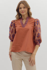 ENTRO Floral Embroidered Sleeve Top In Rust