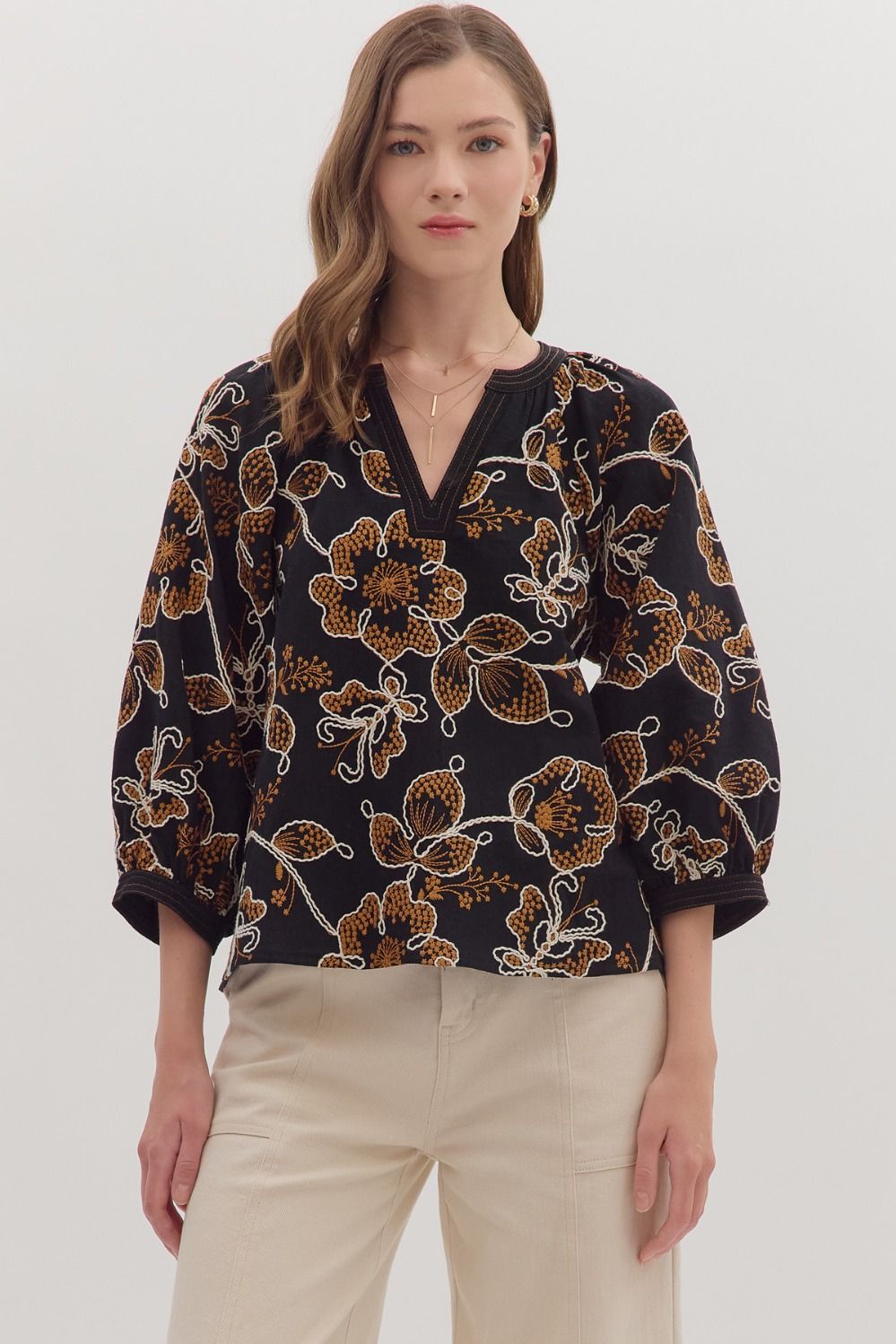 Entro Embroidered Botanical 3/4 Sleeve Top In Black *COMING SOON*