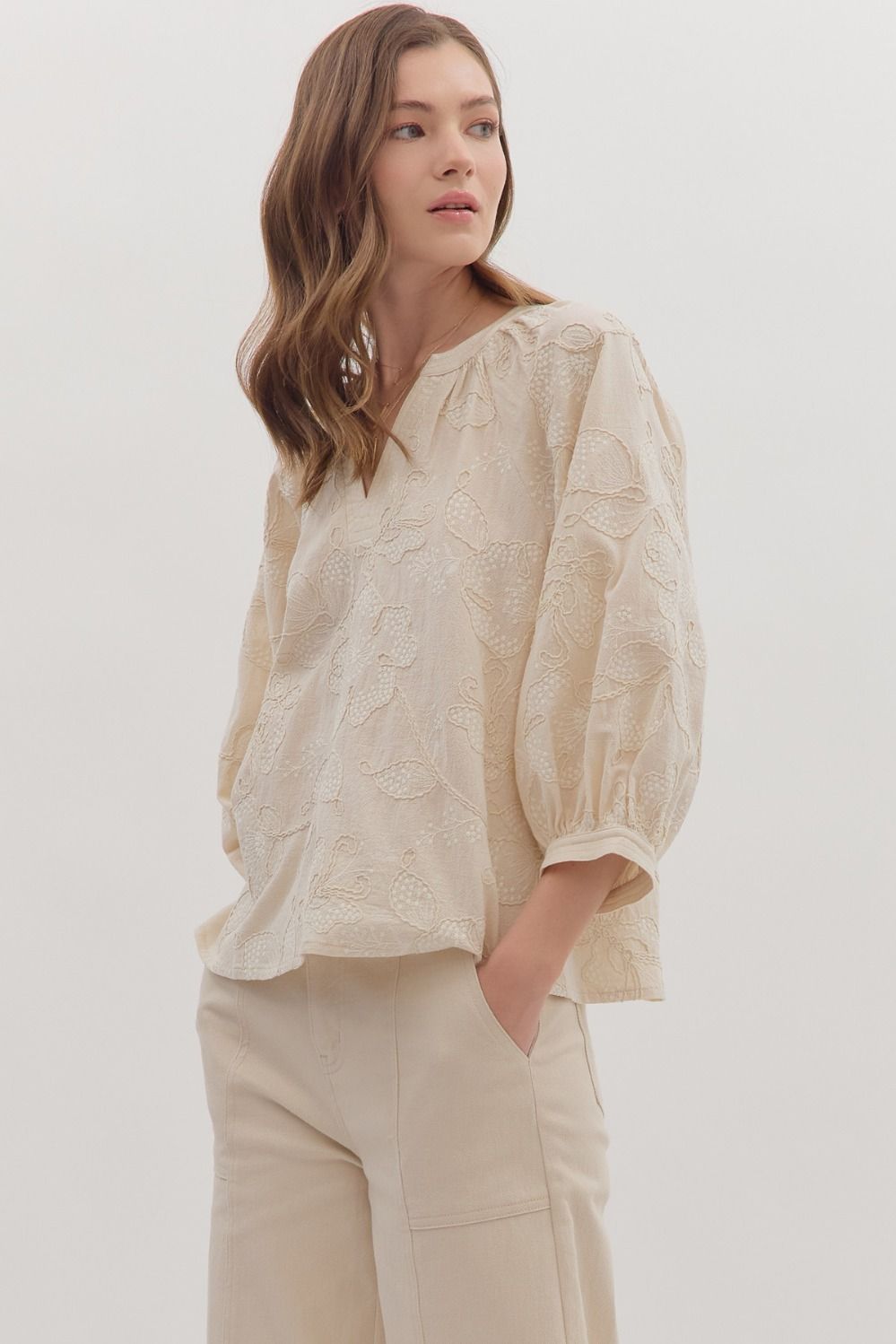 Entro Embroidered Botanical 3/4 Sleeve Top In Ecru *COMING SOON*