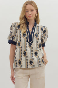 ENTRO Embroidered Caftan Top In Navy