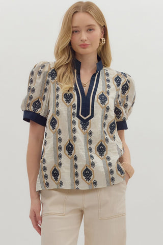 ENTRO Embroidered Caftan Top In Navy