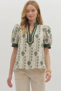 ENTRO Embroidered Caftan Top In Olive