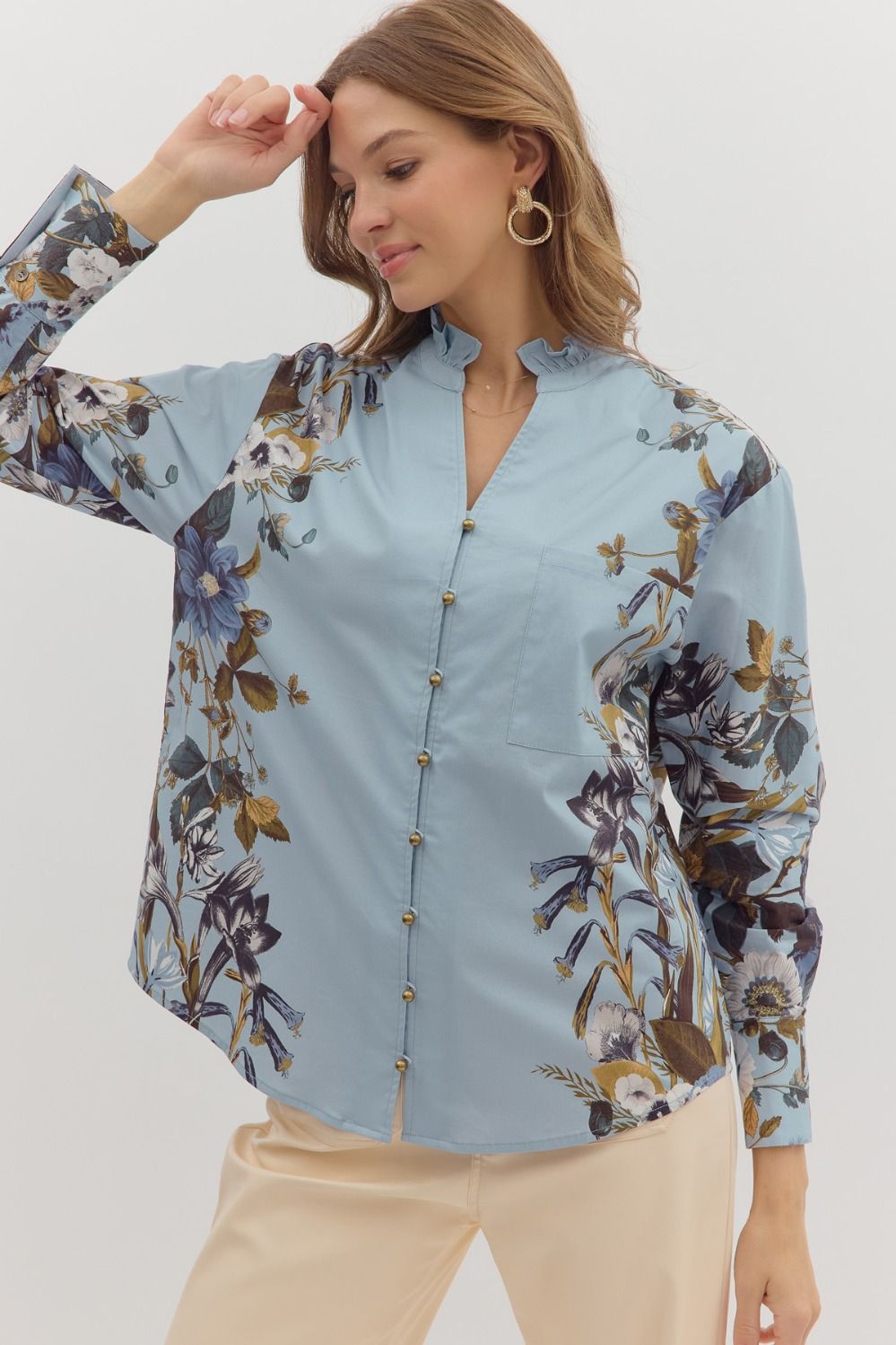 Entro Floral Print Accent Long Sleeve Top In Chambray *COMING SOON*
