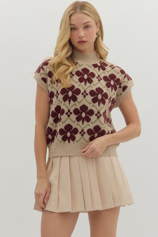 ENTRO Floral High Neck Pullover Sweater In Wine