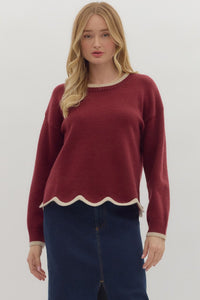 ENTRO Scallop Trimmed Sweater In Burgundy