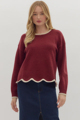 ENTRO Scallop Trimmed Sweater In Burgundy