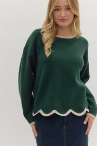 ENTRO Scallop Trimmed Sweater In Hunter Green