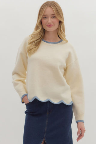 ENTRO Scallop Trimmed Sweater In Ivory
