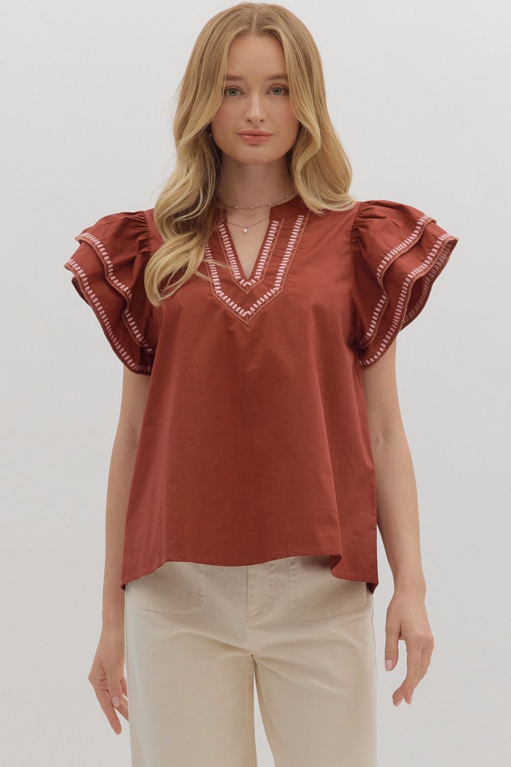 ENTRO Flutter Sleeve Embroidered Trim Top In Brick *COMING SOON*