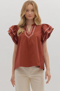 ENTRO Flutter Sleeve Embroidered Trim Top In Brick *COMING SOON*