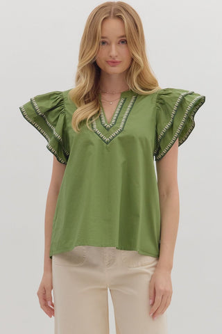 ENTRO Flutter Sleeve Embroidered Trim Top In Olive *COMING SOON*