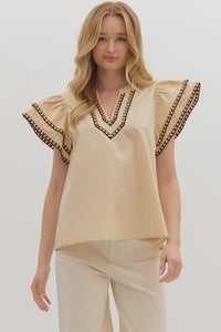 ENTRO Flutter Sleeve Embroidered Trim Top In Taupe *COMING SOON*