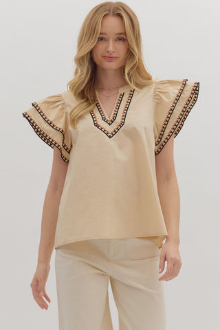 ENTRO Flutter Sleeve Embroidered Trim Top In Taupe *COMING SOON*