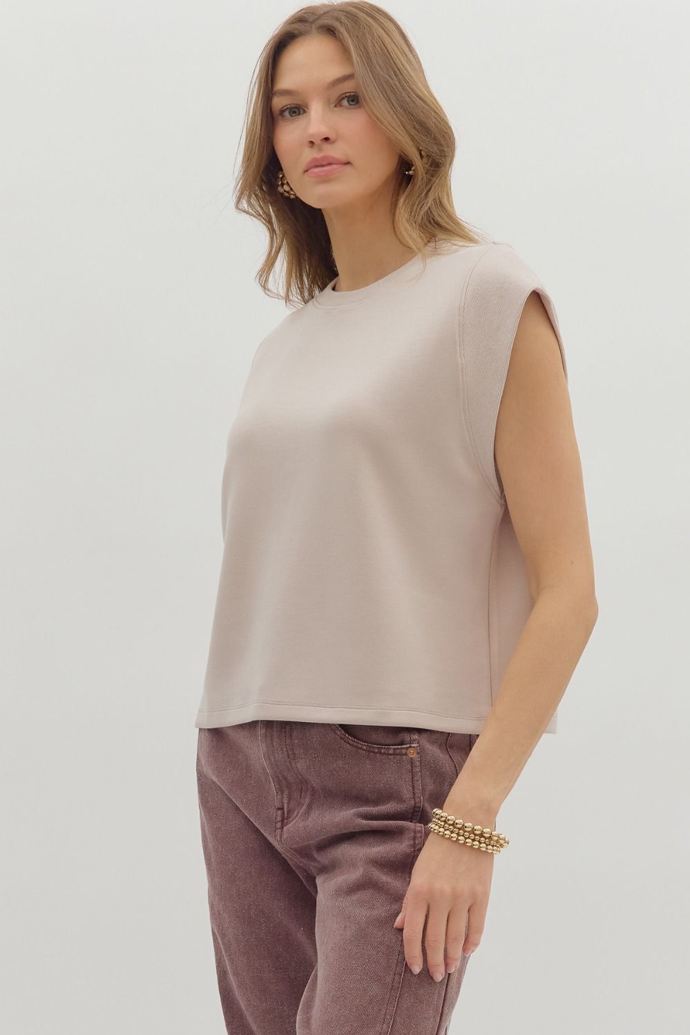 ENTRO Solid Cap Sleeve Pullover In Almond *COMING SOON*