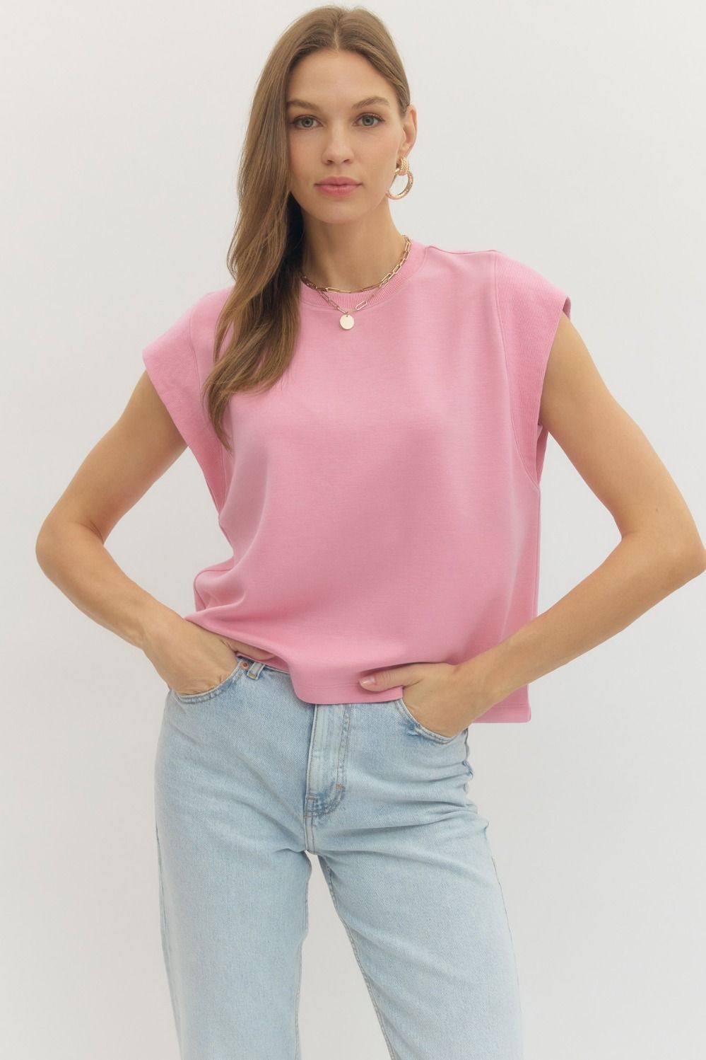 ENTRO Solid Cap Sleeve Crewneck Pullover Top In Light Pink
