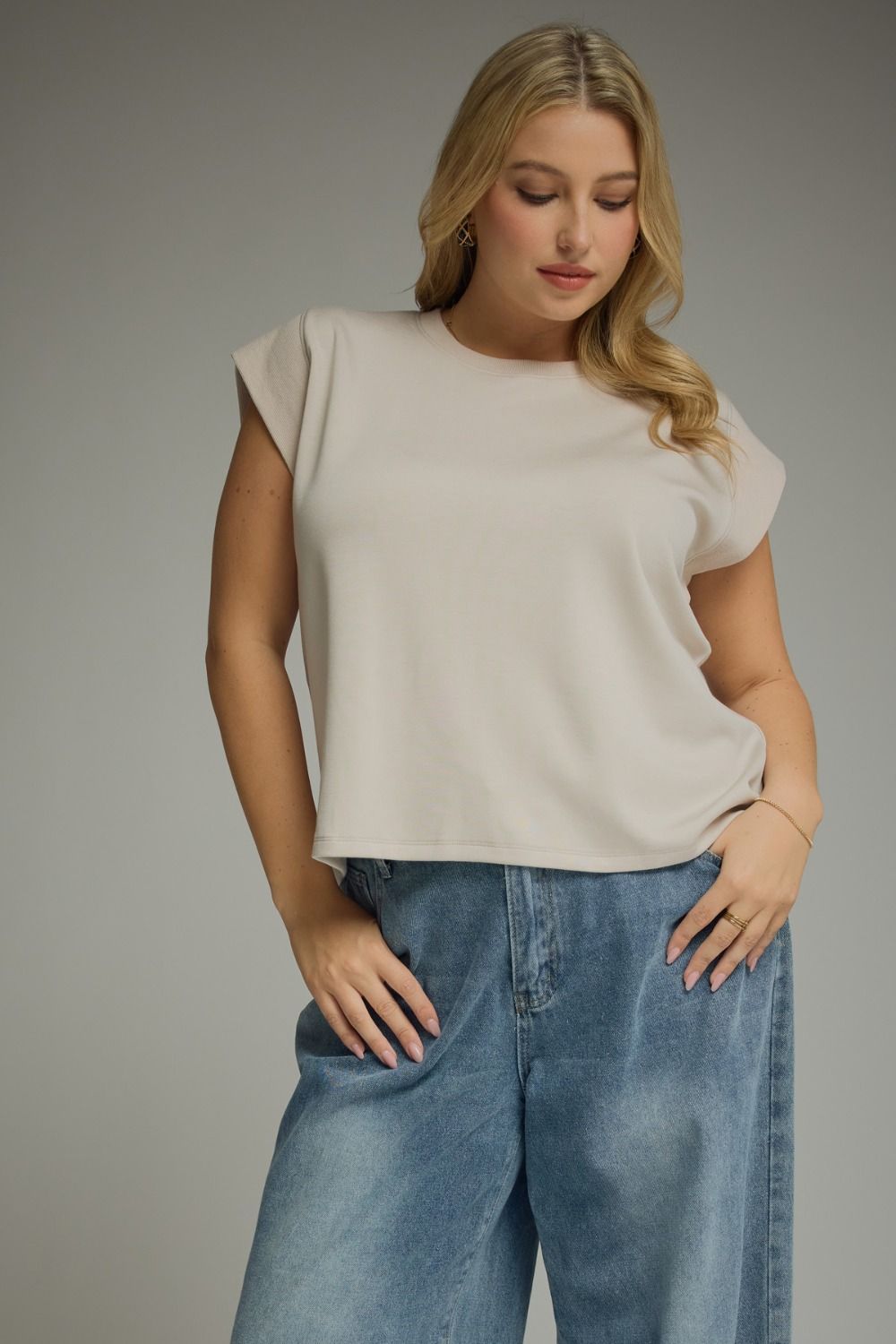 ENTRO Solid Round Neck Cap Sleeve Top In Almond PLUS Sizes