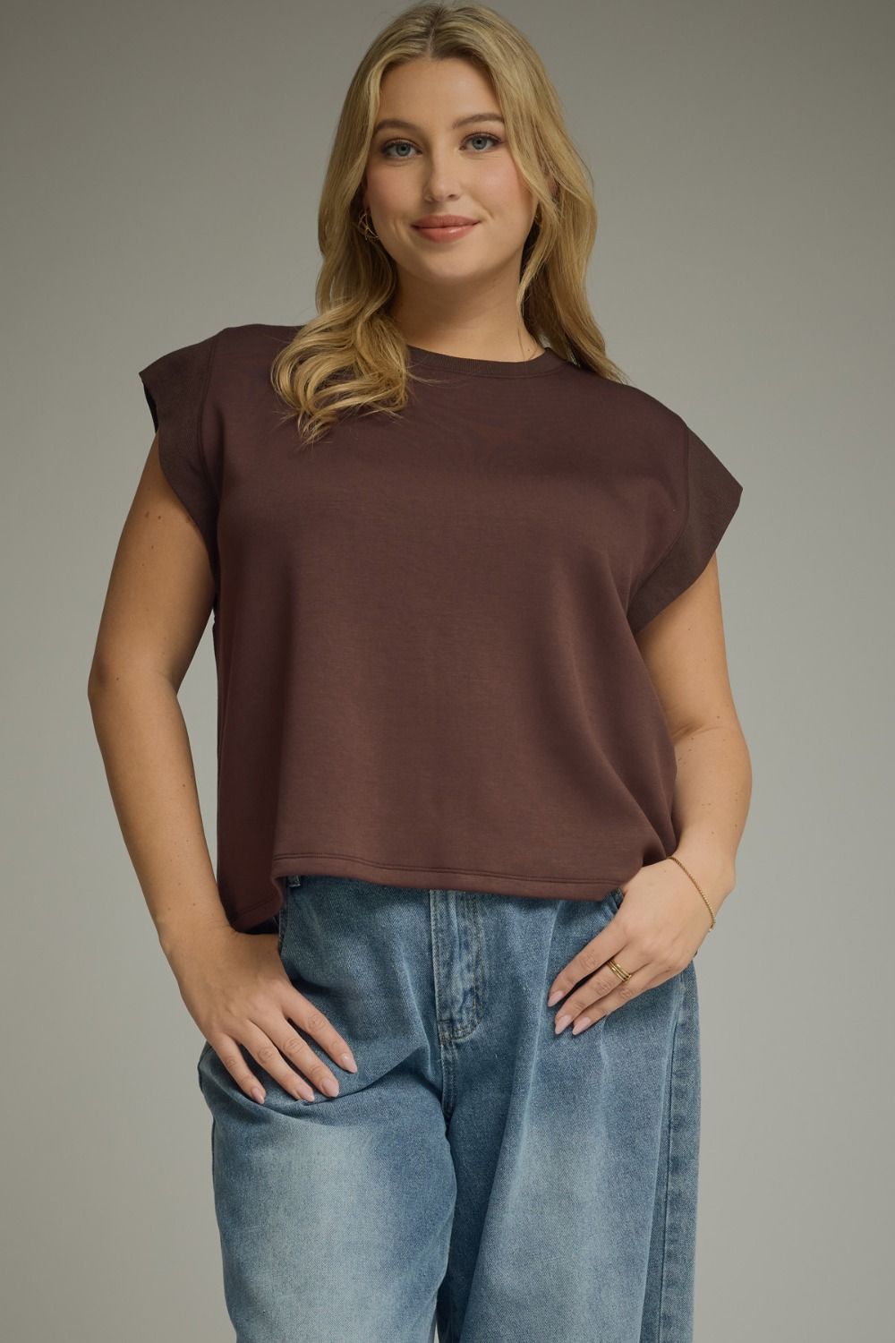 ENTRO Solid Round Neck Cap Sleeve Top In Brown PLUS Sizes