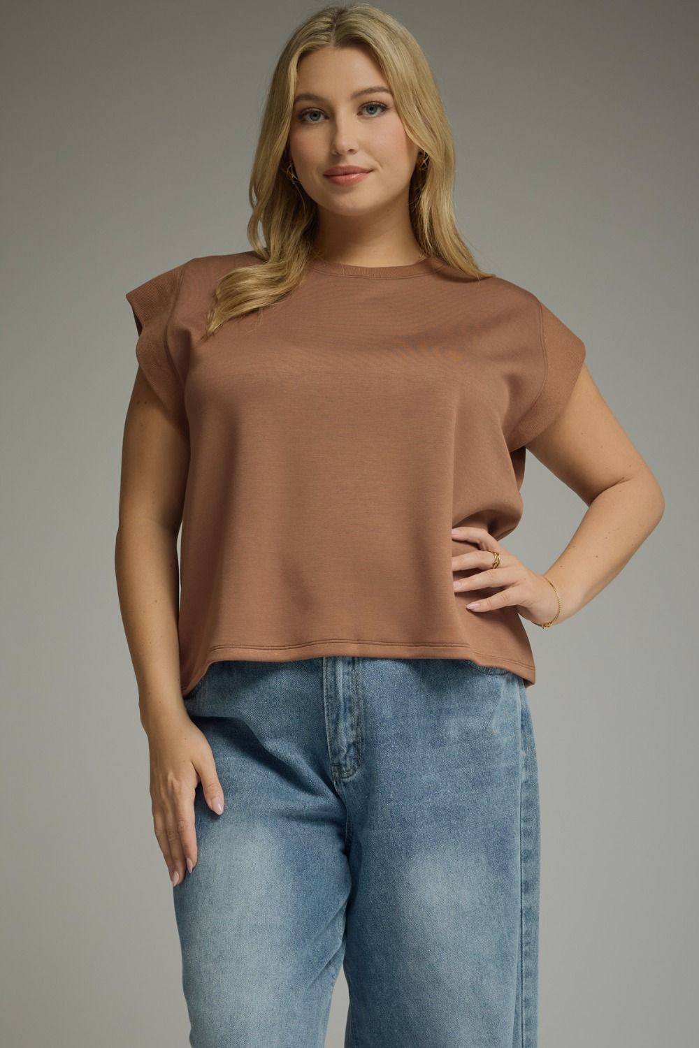 ENTRO Solid Round Neck Cap Sleeve Top In Mocha PLUS Sizes *COMING SOON*