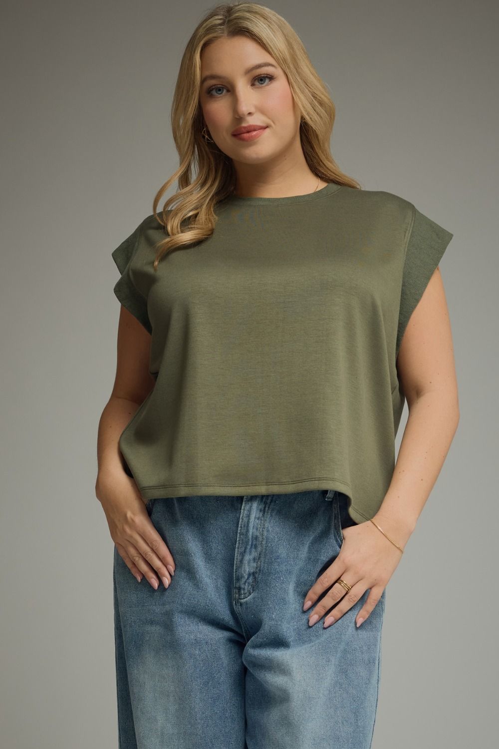 ENTRO Solid Round Neck Cap Sleeve Top In Olive PLUS Sizes *COMING SOON*