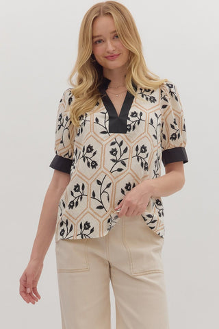 Entro Floral Print Puff Sleeve V Neck Top In Black *COMING SOON*