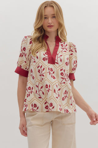 Entro Floral Print Puff Sleeve V Neck Top In Garnet *COMING SOON*