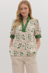 Entro Floral Print Puff Sleeve V Neck Top In Olive *COMING SOON*