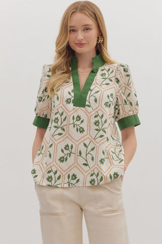 Entro Floral Print Puff Sleeve V Neck Top In Olive *COMING SOON*
