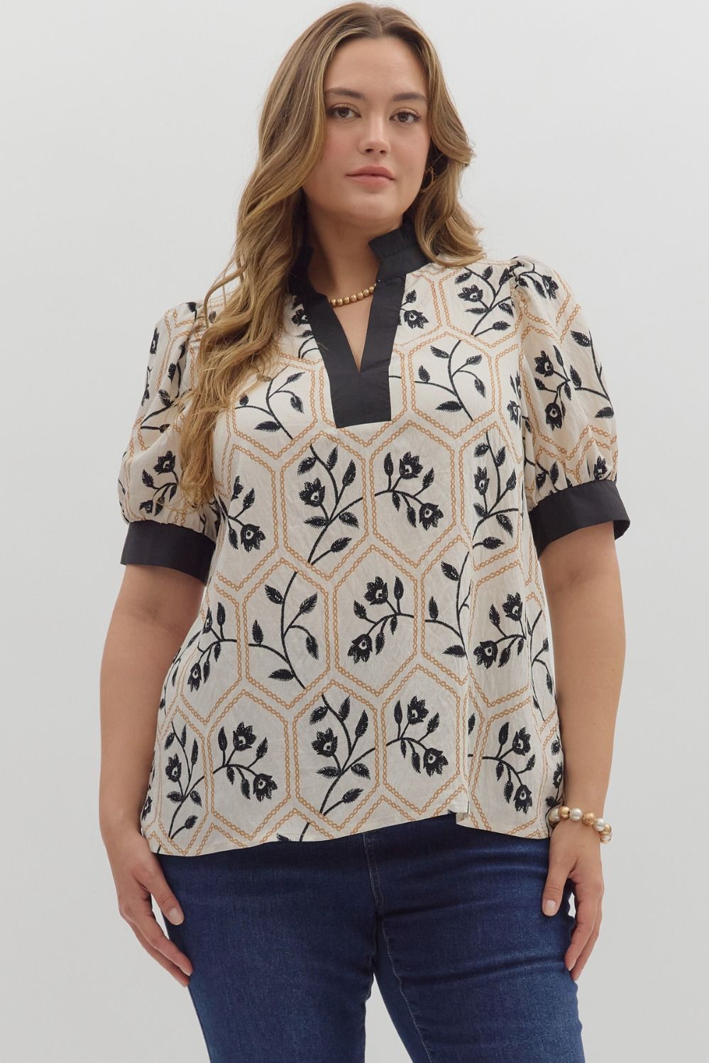 Entro Floral Print Puff Sleeve V Neck Top In Black PLUS Sizes