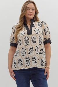 Entro Floral Print Puff Sleeve V Neck Top In Black PLUS Sizes *COMING SOON*