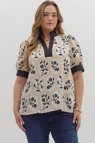 Entro Floral Print Puff Sleeve V Neck Top In Black PLUS Sizes *COMING SOON*