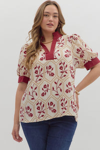 Entro Floral Print Puff Sleeve V Neck Top In Garnet PLUS Sizes *COMING SOON*