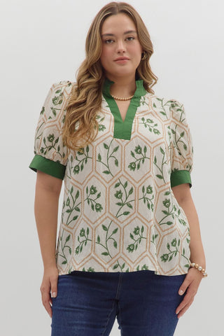 Entro Floral Print Puff Sleeve V Neck Top In Olive PLUS Sizes *COMING SOON*