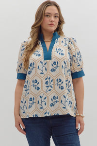 Entro Floral Print Puff Sleeve V Neck Top In Teal Blue PLUS Sizes *COMING SOON*