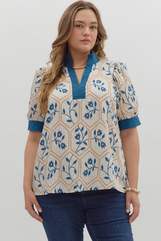Entro Floral Print Puff Sleeve V Neck Top In Teal Blue PLUS Sizes *COMING SOON*