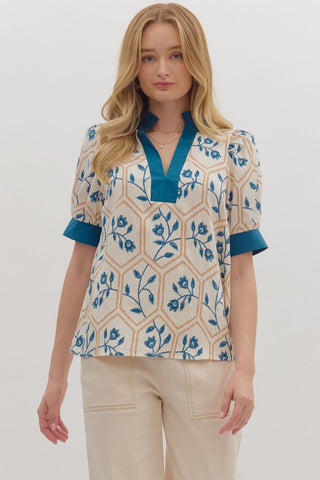 Entro Floral Print Puff Sleeve V Neck Top In Teal Blue *COMING SOON*
