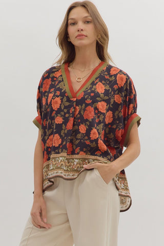 Entro Floral Top With Contrast Hem In Black *COMING SOON*