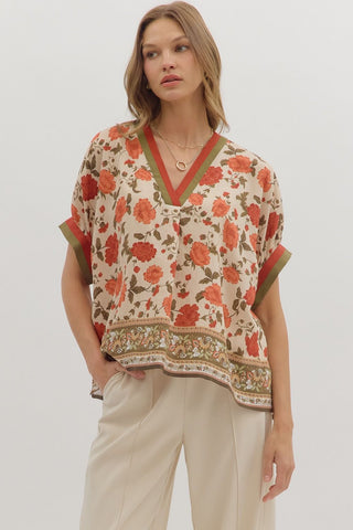 Entro Floral Top With Contrast Hem In Ecru *COMING SOON*