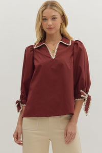 ENTRO Solid 3/4 Bow Cuff Sleeve Top In Garnet *COMING SOON*