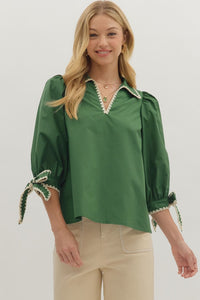 ENTRO Solid 3/4 Bow Cuff Sleeve Top In Pine *COMING SOON*