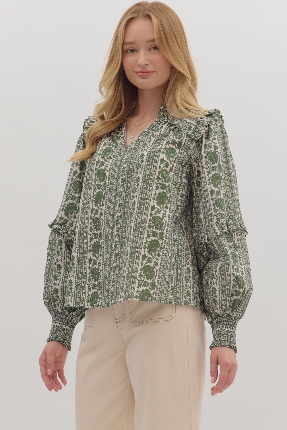 Entro Floral Stripe Long Sleeve V Neck Top In Olive